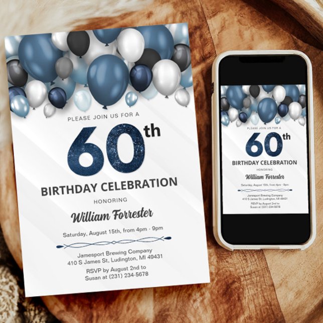 Blue Silver Black & White 60th Birthday Invitation (Blue Silver Black & White 60th Birthday Invitation)