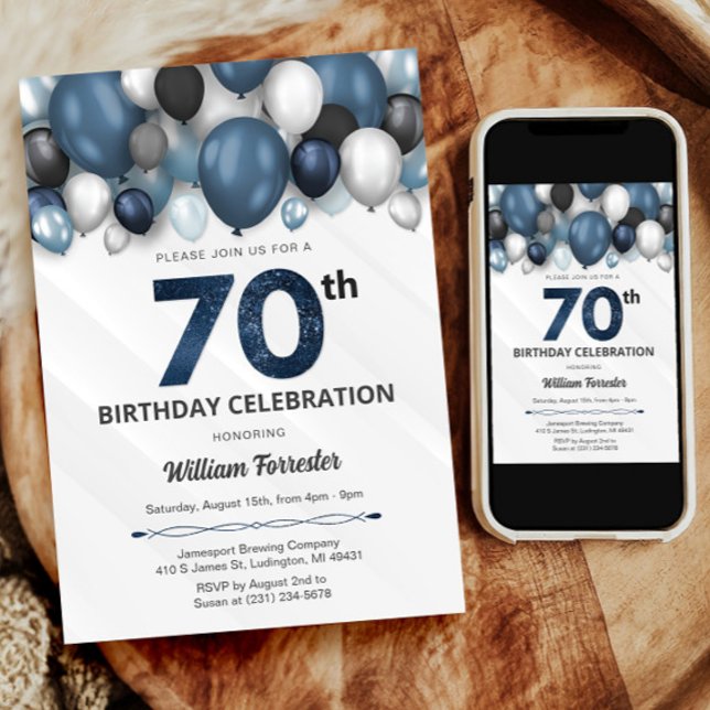 Blue Silver Black & White 70th Birthday Invitation (Blue Silver Black & White 70th Birthday Invitation)