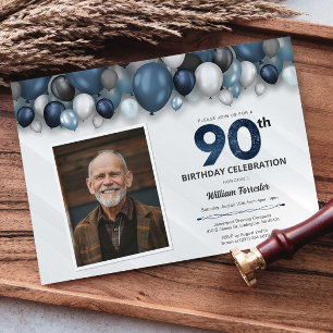Blue Silver Black & White 90th Birthday Photo Invitation