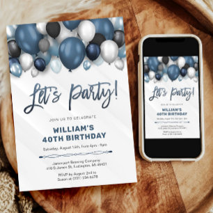Blue Silver Black & White Birthday Invitation