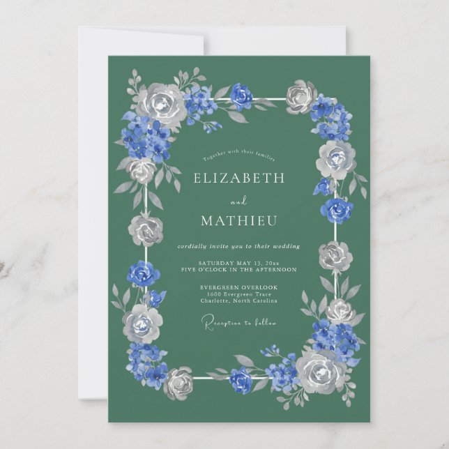 Blue Silver Bloom Romance Wedding Invitation (Front)