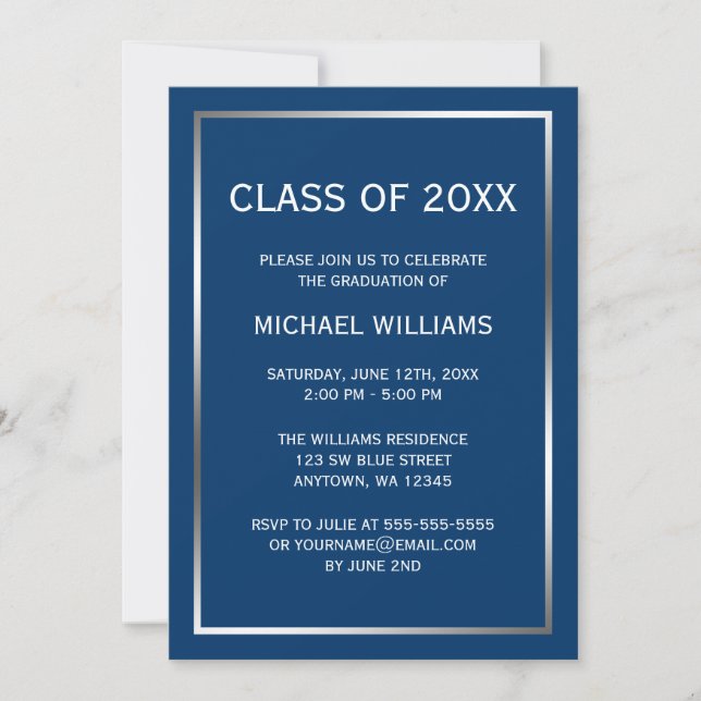 Blue Silver Border Graduation Announcement (Front)