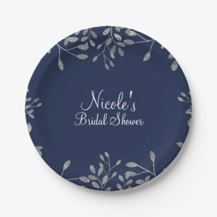 Blue & Silver Botanical Modern Elegant Wedding Paper Plate