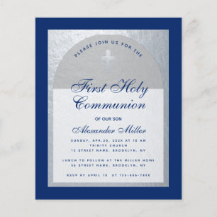 Blue Silver Boy First Communion Budget Invitation
