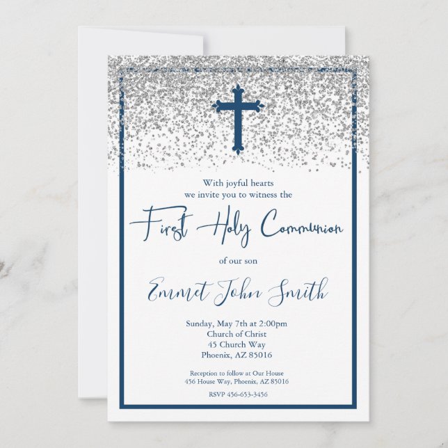 Blue Silver Boy First Holy Communion Invitation (Front)
