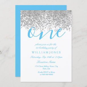 Blue Silver Boys 1st birthday party Invite