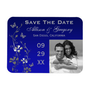 Blue, Silver Butterfly Floral Save Date Magnet