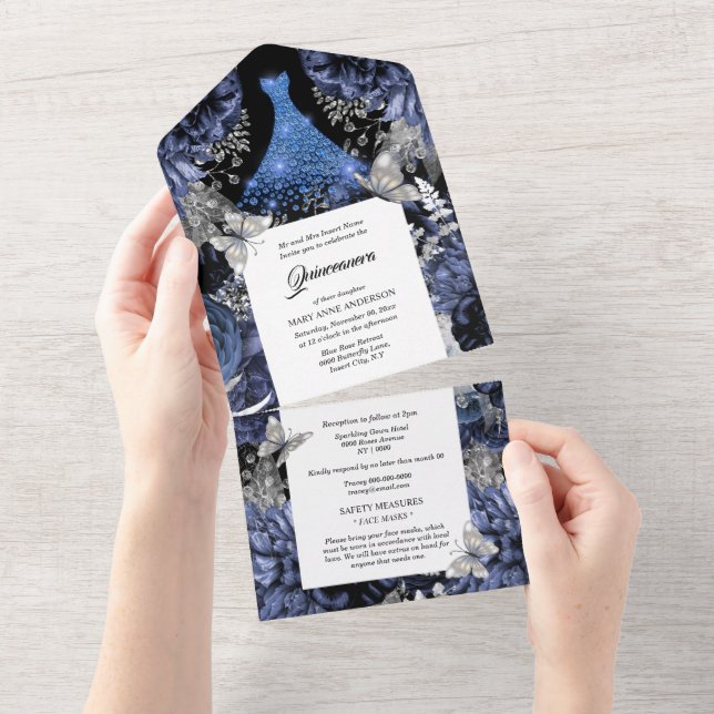 Blue silver butterfly sparkling gown birthday  all in one invitation (Tearaway)