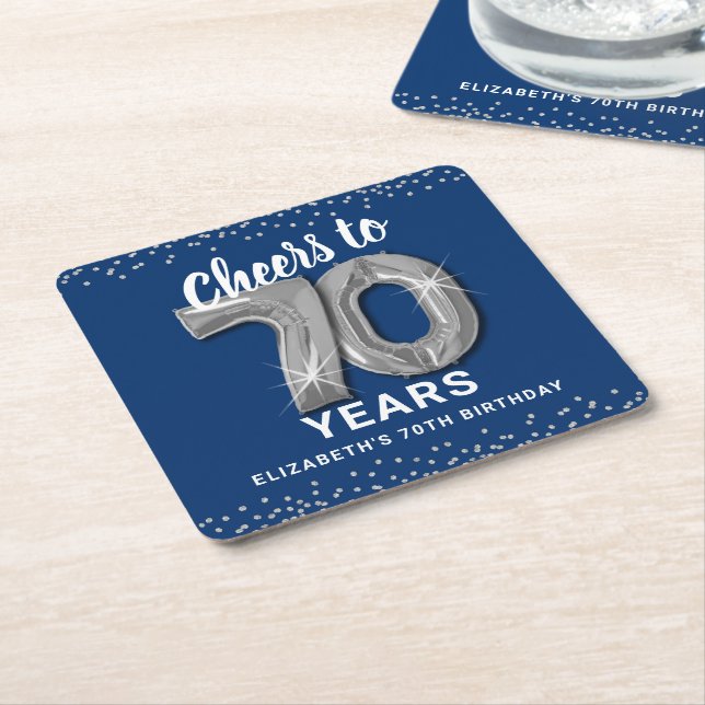 Blue Silver Cheers to 70 Years Birthday Square Paper Coaster (Angled)