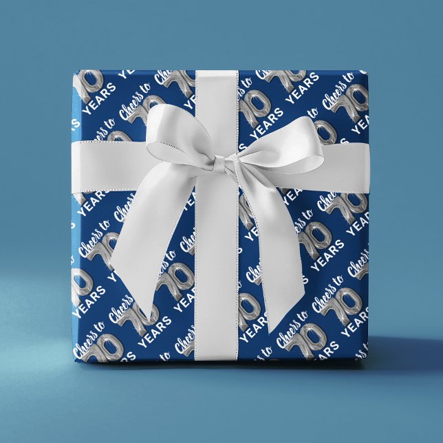Blue Silver Cheers to 70 Years Birthday Wrapping Paper Sheet (Creator Uploaded)