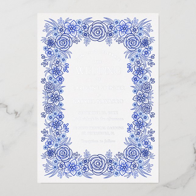 Blue Silver Chinoiserie Floral French Wedding (Front)