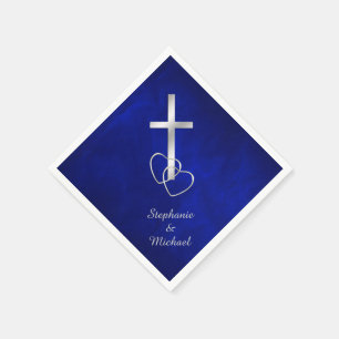 Blue Silver Christian Cross Wedding Napkin