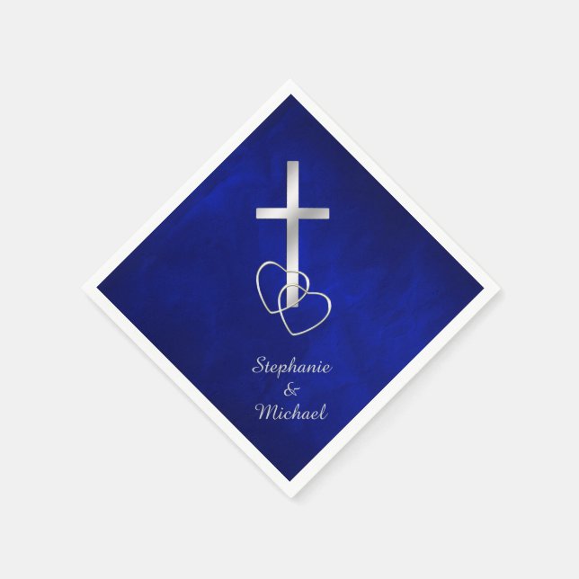 Blue Silver Christian Cross Wedding Napkin (Corner)