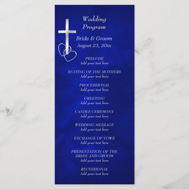 Blue Silver Christian Cross Wedding Program (Front)
