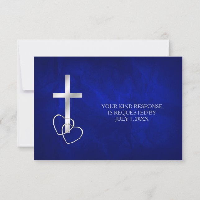 Blue Silver Christian Cross Wedding RSVP Card (Front)