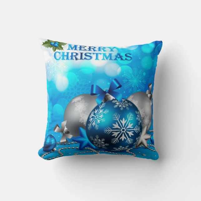 Blue & Silver Christmas Balls, Candy Cane, Stars Cushion (Front)