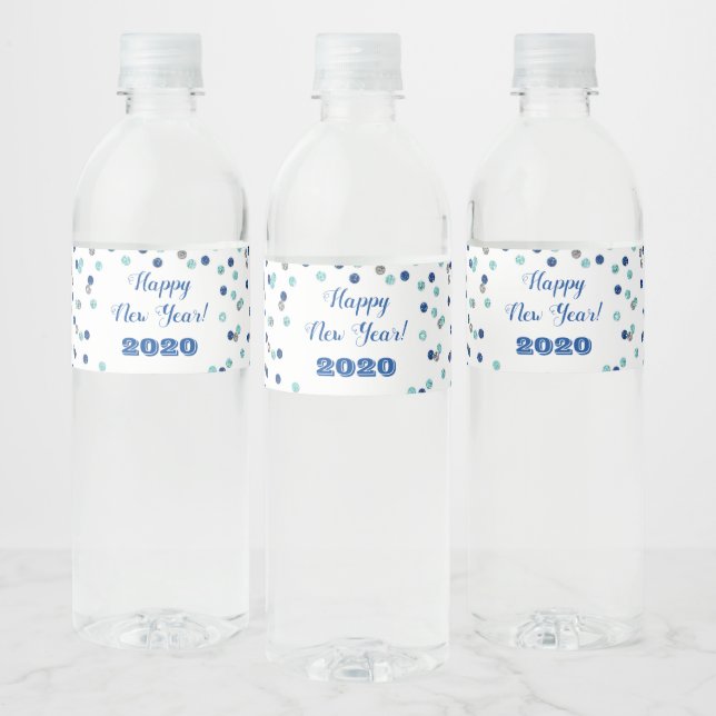 Blue Silver Confetti Custom Happy New Year Water Bottle Label (Bottles)