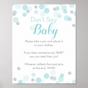 Blue Silver Confetti Don't Say Baby Shower Game Poster