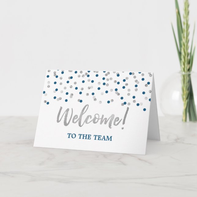 Blue Silver Confetti Employee Welcome to the Team Card (Front)