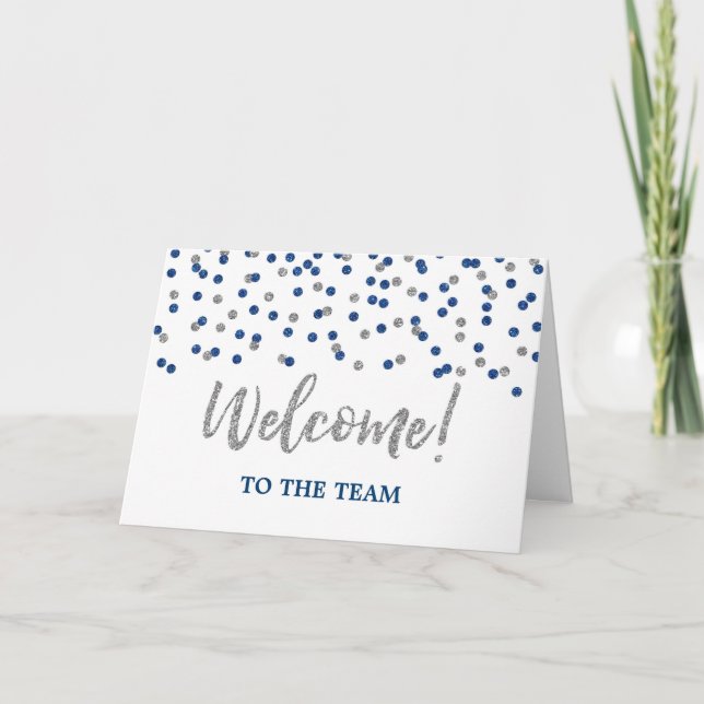 Blue Silver Confetti Employee Welcome to the Team Card (Front)