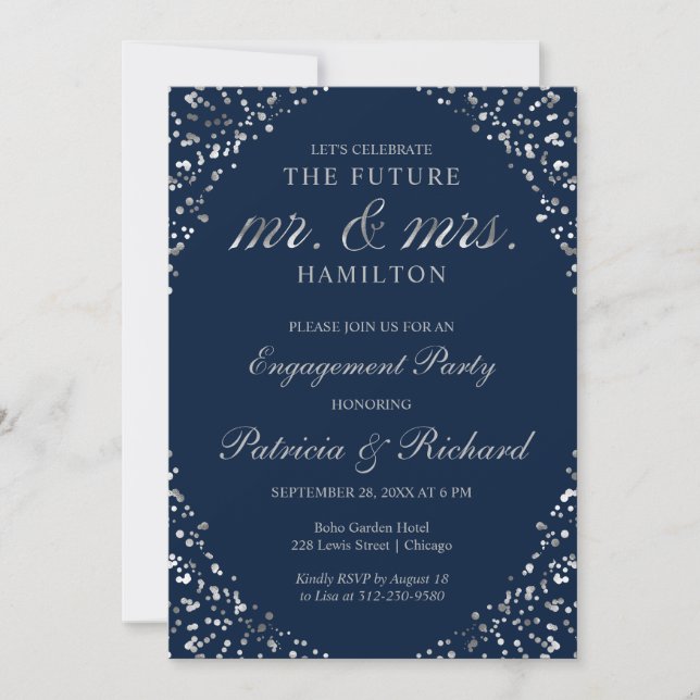 Blue Silver Confetti Engagement Party Invitation (Front)