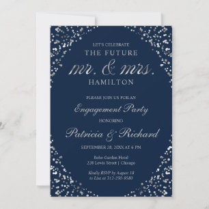 Blue Silver Confetti Engagement Party Invitation