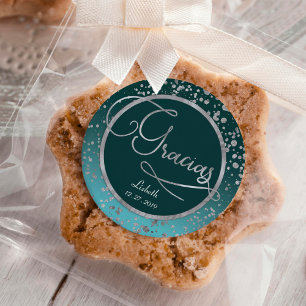 Blue Silver Confetti Gracias Thank You birthday Classic Round Sticker