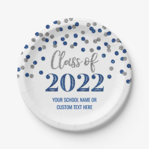 Blue Silver Confetti Graduation 2022 Paper Plate