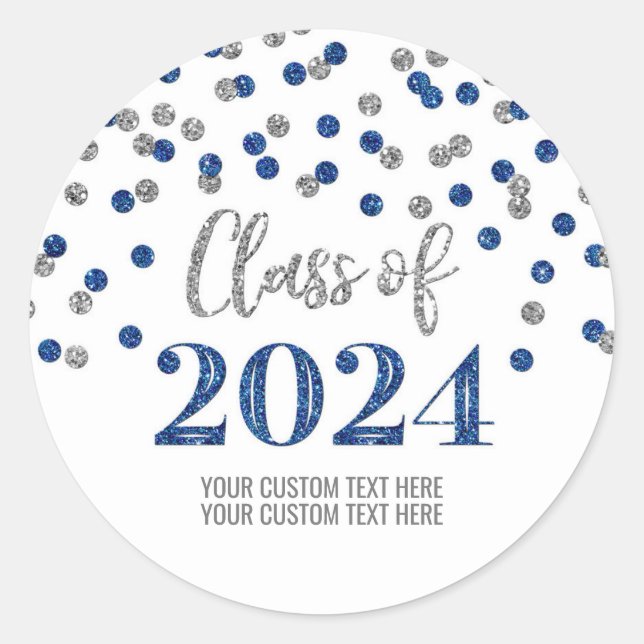 Blue Silver Confetti Graduation 2024 Classic Round Sticker (Front)