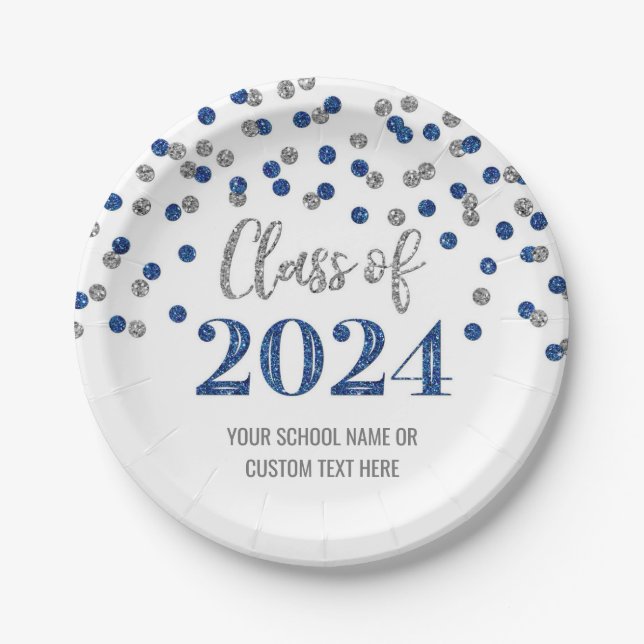 Blue Silver Confetti Graduation 2024 Paper Plate (Front)