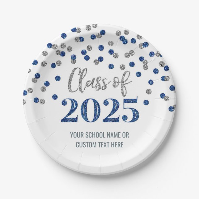Blue Silver Confetti Graduation 2025 Paper Plate (Front)