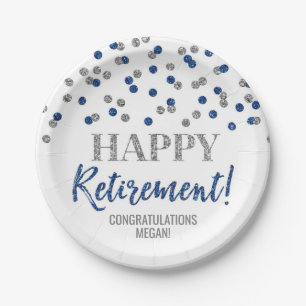 Blue Silver Confetti Happy Retirement Paper Plate