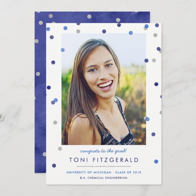 Blue & Silver Confetti Photo Graduation Invitation (Front/Back)