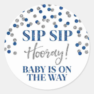 Blue Silver Confetti Sip Sip Hooray Classic Round Sticker