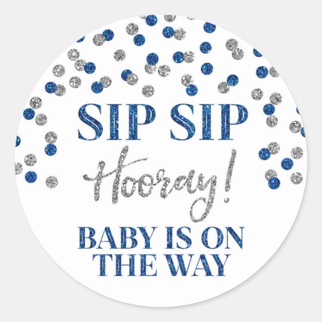 Blue Silver Confetti Sip Sip Hooray Classic Round Sticker (Front)