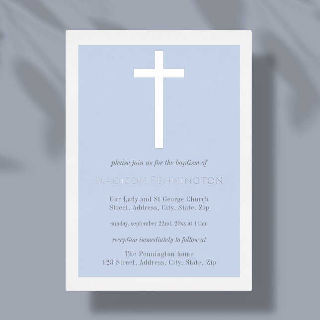 Blue & Silver Cross Baptism Foil Invitation (Creator Uploaded)