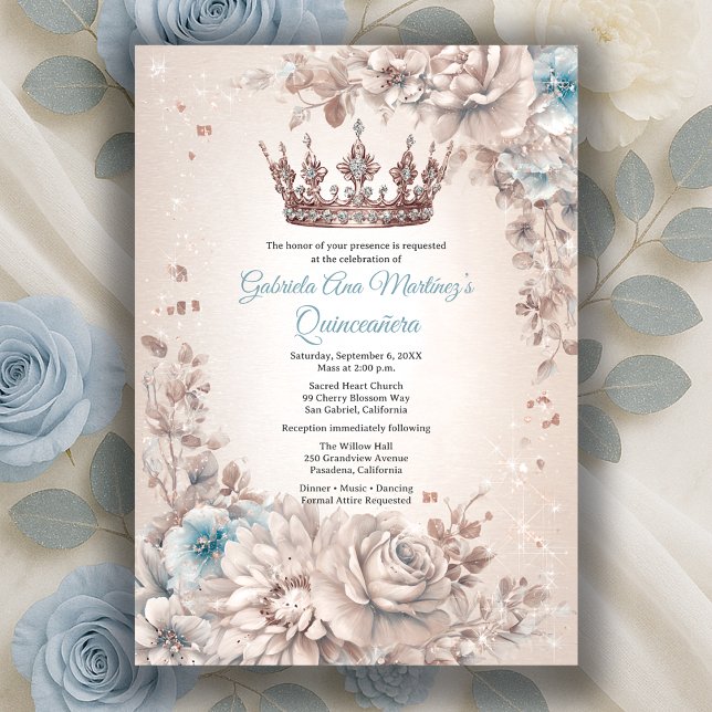 Blue Silver Crown Floral Quinceañera Invitation (Blue Silver Crown Floral Quinceañera Invitation
)