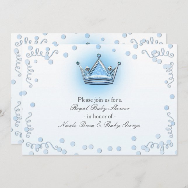 Blue & Silver Crown Party Confetti Invitation (Front/Back)