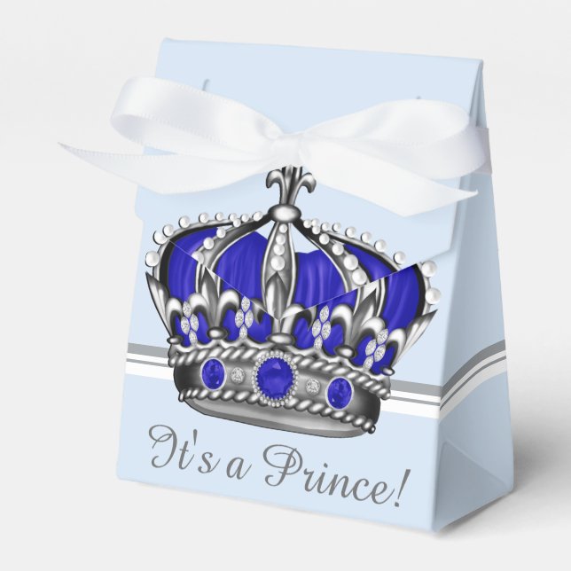 Blue Silver Crown Prince Boy Baby Shower Favour Box (Front Side)