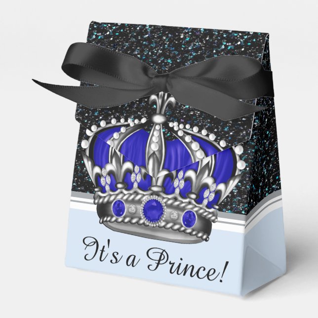 Blue Silver Crown Prince Boy Baby Shower Favour Box (Front Side)