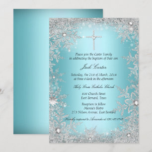 Blue Silver Crystal Snowflake Baptism/Christening Invitation