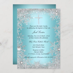 Blue Silver Crystal Snowflake Baptism/Christening Invitation