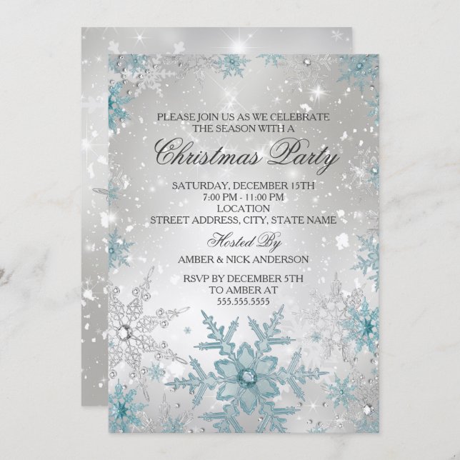 Blue & Silver Crystal Snowflake Christmas Party Invitation (Front/Back)