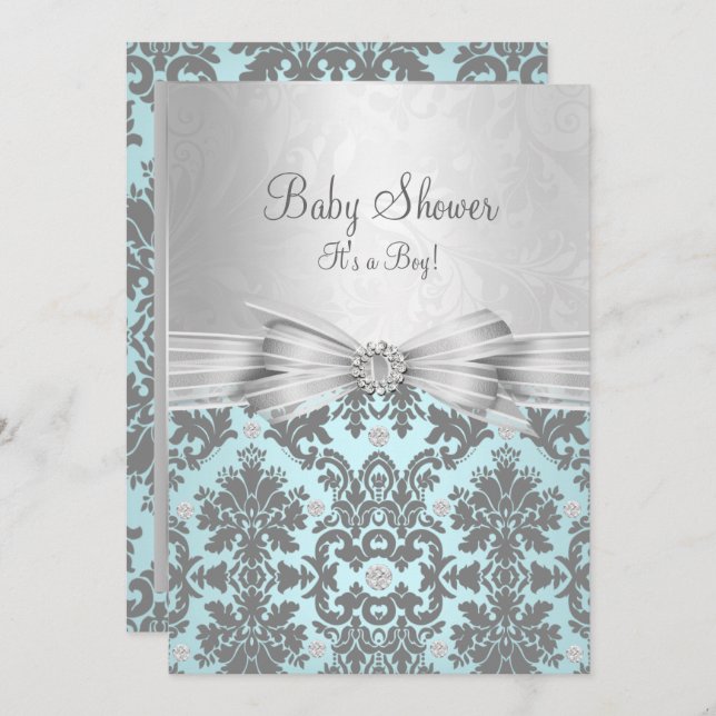 Blue & Silver Damask Baby Shower Invitation (Front/Back)
