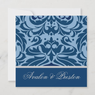 Blue & Silver Damask Elegant Wedding Invitation