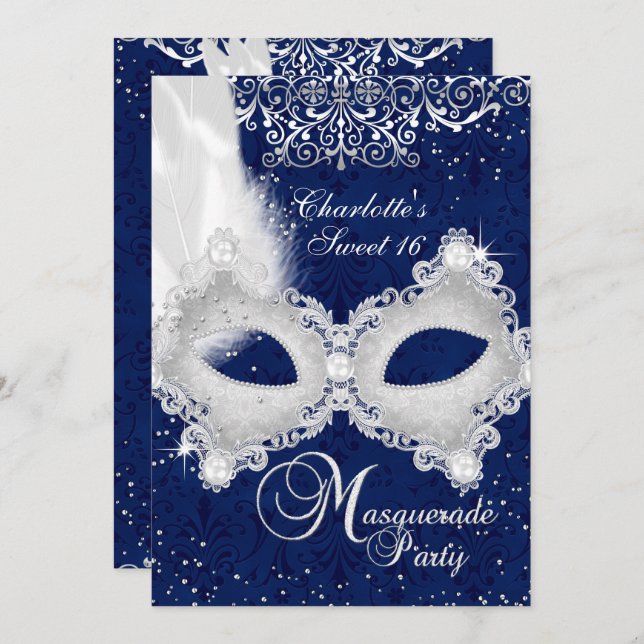 Blue Silver Damask Mask Masquerade Sweet 16 Invite (Front/Back)