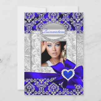 Blue & Silver Damask Quinceanera Announcements