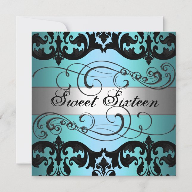 Blue & Silver Damask Sweet 16 Birthday Invitation (Front)