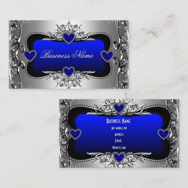 Blue Silver Diamond Image Hearts Elegant Business Card (Front/Back)