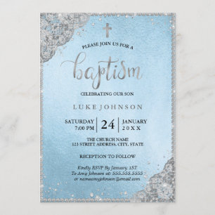 Blue Silver Diamond Lace Cross Baptism Invitation